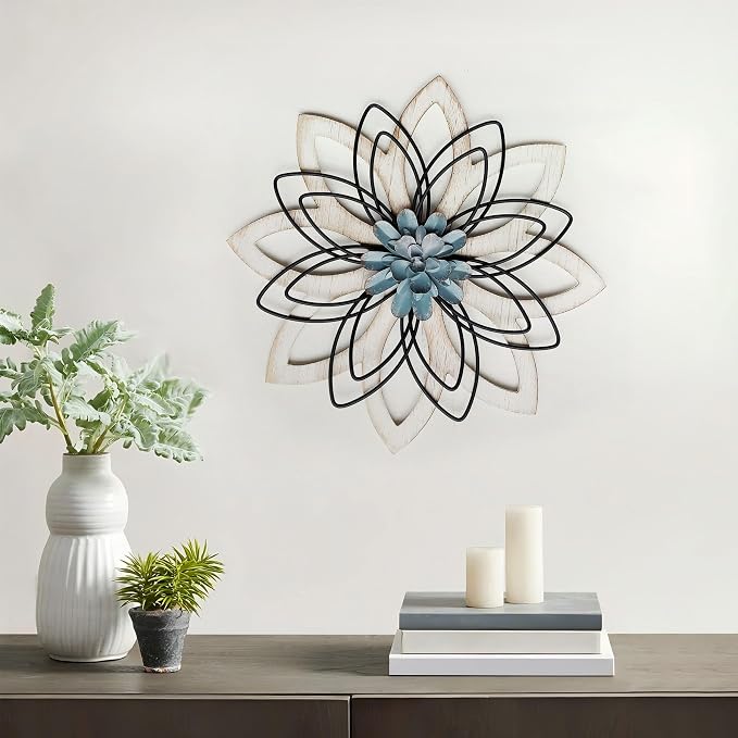 Remenna Metal Flowers Wall Decor, Metal Rustic Wall Art Decoration Farmhouse Wall Decorations Multiple Floral Hanging Decor for Bathroom Living Room Home Office Garden Kitchen (white & blue)