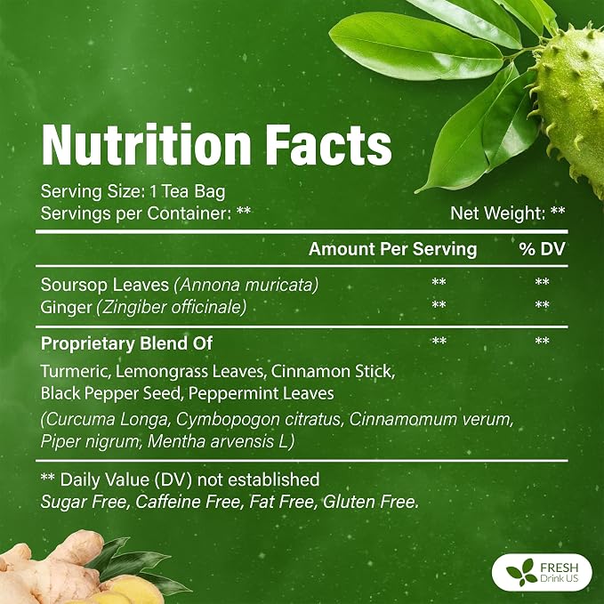 FreshDrinkUS, Super Soursop Herbal Tea – 60 Tea Bags | Soursop, Ginger, Turmeric, Lemongrass, Cinnamon, Black Pepper & Peppermint | Caffeine-Free, Natural Flavor, Plant-Based Blend | Sugar-Free