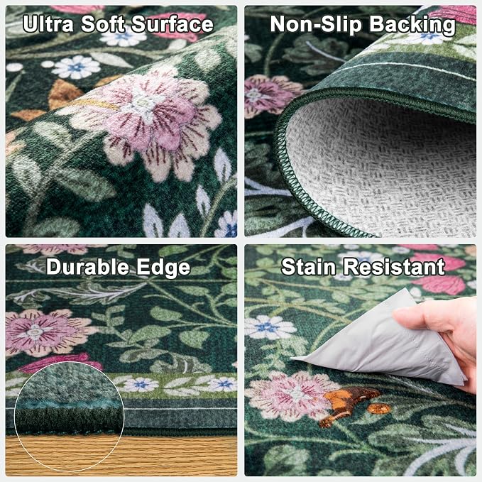 Runner Rug for Entryway: 2x5 Kitchen Rugs Non Slip Washable Ultra-Thin Soft Floral Carpet Indoor Floor Stain Resistant Carpets for Hallway Bedroom Kitchen Laundry Bathroom Dorm Dark Green