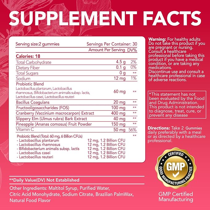 Vaginal Probiotic Gummies for Women - pH Balance, Odor Control, Feminine & Urinary Health - 11-in-1 5 Strains 6 Billion CFU with Cranberry & Prebiotic - Pineapple Flavor, 60 Gummies