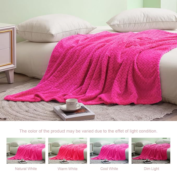 Exclusivo Mezcla Soft Fleece Bed Blanket King Size, 90”x104”, Hot Pink | Cozy Fluffy Lightweight Blankets for Summer, Decorative Plush Flannel Throws for Living room, Bedroom with Leaves Pattern