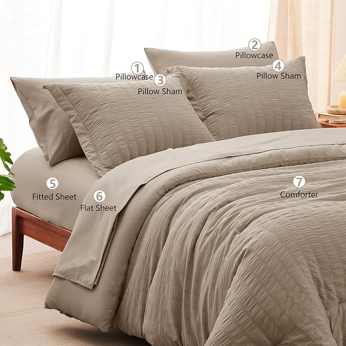 CozyLux Full Size Comforter Sets with Sheets 7 Pieces, Khaki Seersucker Bed in a Bag Textured Luxury Soft Bedding Sets with Down Alternative Comforter, Sheets, Pillowcases & Shams for All Season