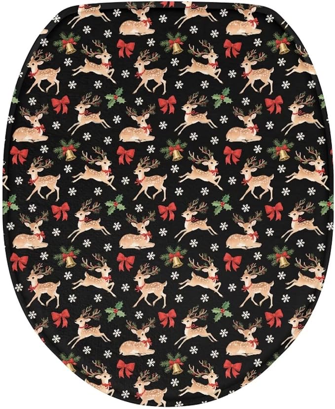 Toilet Seat Cover, Suitable for Most Round and Elongated Toilet Lid, Soft Flannel and Dustproof Toilet Lid Cover-Christmas Deer