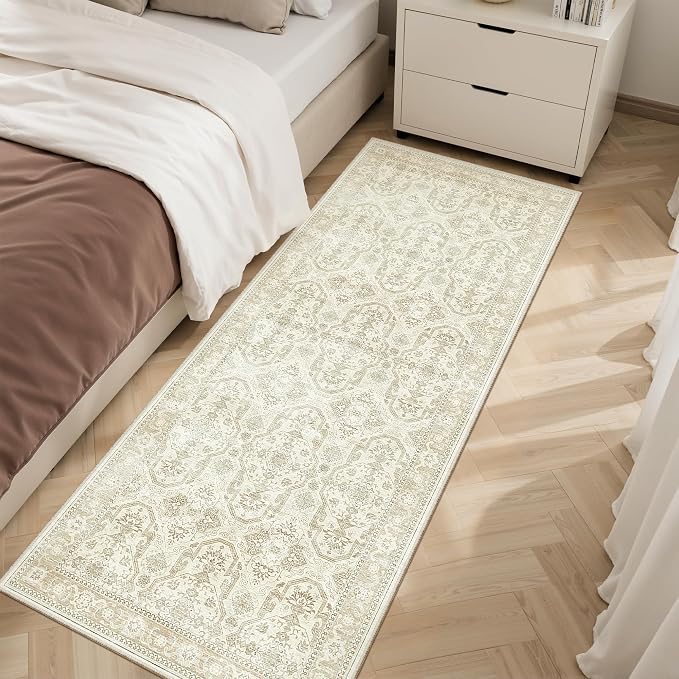 Soalmost Runner Rug 2x5 Washable Non-Slip Kitchen Entry Runners Beige/Brown | Soft Low-Pile Rugs for Bathroom Laundry Room, Vintage Foldable Floor Carpet Mat Hallway Entryway for Corridor Bedroom