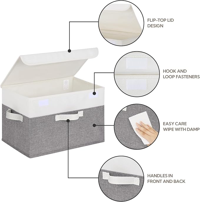 GRANNY SAYS Memory Keepsake Storage Box, Fabric Storage Bins with Lids | Flip-Top Lid, Collapsible, Stackable, 3 Handles, Ideal for Closet Clothes Blanket Toys, Large, White/Gray, 2-Pack