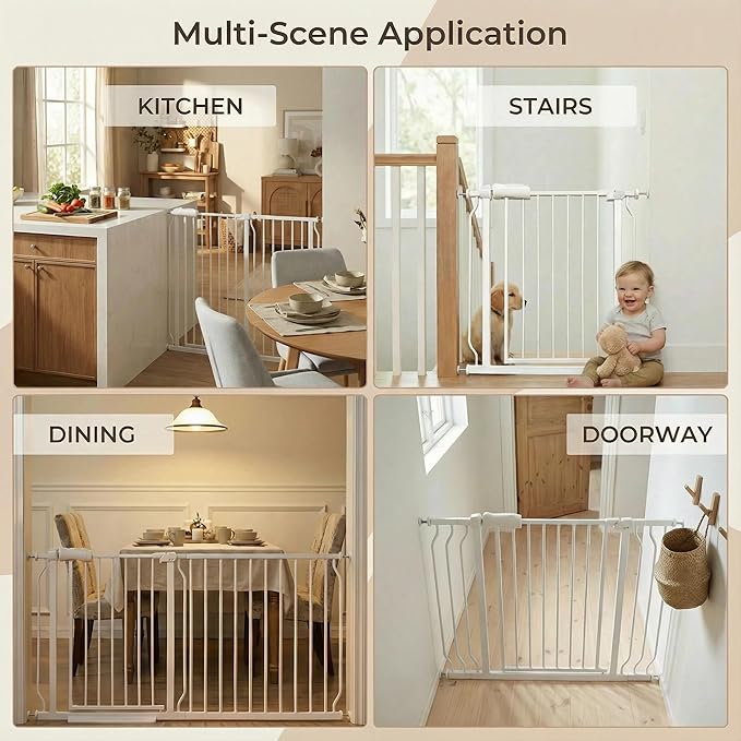 Extra Wide Baby Gate 53-57.5 Inch, Tension Mounted No Drilling, Auto Close Indoor Safety Gate for Stairs & Doorways - Metal Design for Kids and Pets, White