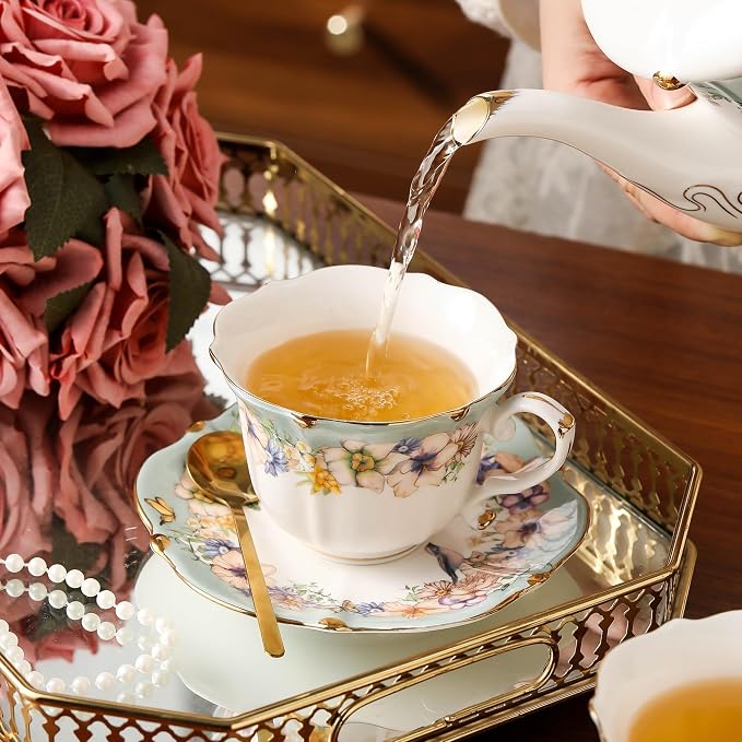 TATSUMI Country Roses Porcelain Tea Set, European Ceramic tea set for adults,Vintage Style, For Women and Tea Parties (Dutch Blue, 13 Pieces Set)