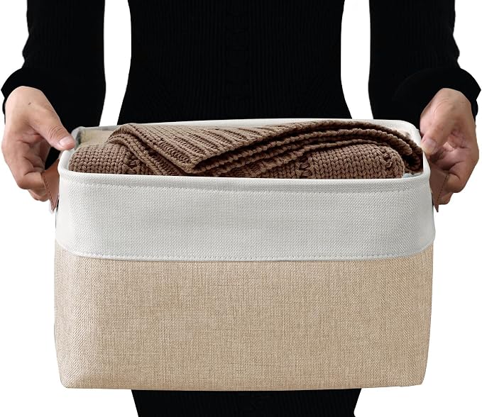 DECOMOMO Storage Bins, Extra Large Fabric Storage Baskets for Shelves 3Pack | 15.8 x 12.5 x 10 inches Decorative Linen Closet Organizers (Beige & White)