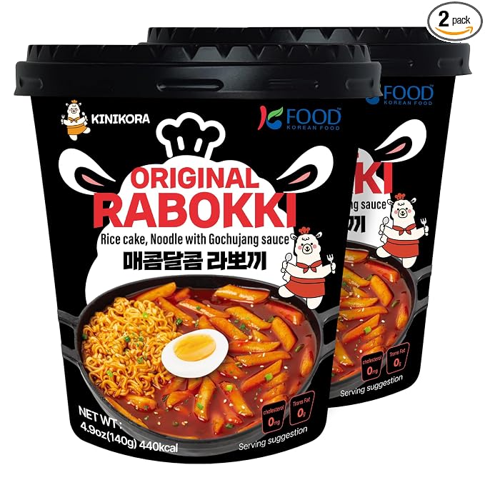KINIKORA Swicy Instant Rabokki Cup 2-Pack, Korean Tteokbokki & Ramen | Topokki style Korean street food, Chewy rice cakes with ramen, Quick 3.5 min microwave cup meal