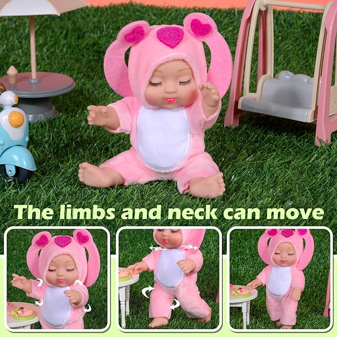 4 Pcs 7 Inch Baby Dolls with Adorable Animal-Themed Outfits - Cute PVC Infant Figurines Set in Yellow Chick, White Bunny, Pink Bunny & Purple Koala Costumes - Gift for Girls 3+