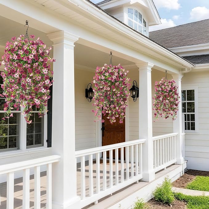 Artificial Fake Hanging Flowers Plants for Outdoor Spring Summer Decoration | 2 PCS Faux Silk Daisy with Eucalyptus Leaves,UV Resistant Look Real for Outside Home Planter Porch Patio Balcony Yard Decor