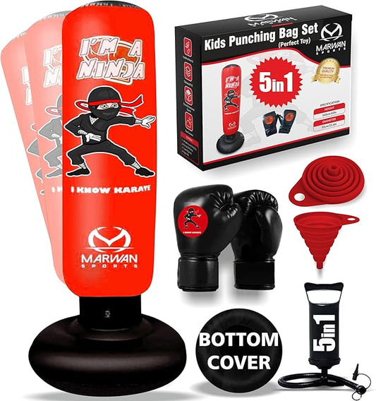 Marwan Sports 5-in-1 Inflatable Punching Bag for Kids – 63" Karate Toy Set with Boxing Gloves, Durable Fast Rebound, Active Play Christmas/Birthday Gift for Boys & Girls Ages 4-12