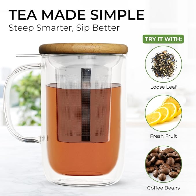 Tealyra - Venus - Tea Cup Infuser - 16-ounce - Double Wall Glass Mug with Lid and Stainless Steel Basket - Perfect Loose Leaf Tea Steeping - 480ml