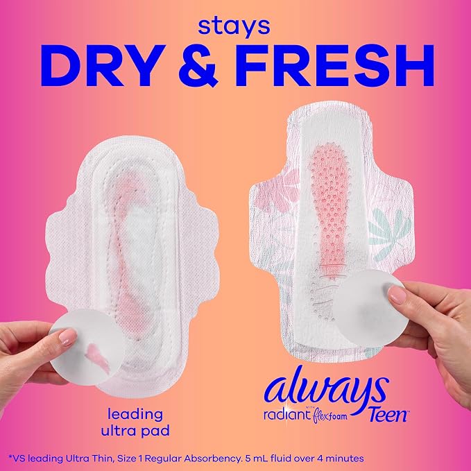 Always Radiant Teen Pads, Size 1, Regular, with Wings, Unscented, 28 Count
