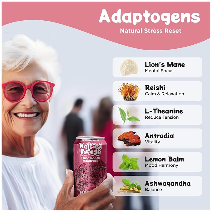 Melting Forest Functional Mocktail Hibiscus Rose – Alcohol-Free, Euphoric Adaptogen Drink with Reishi, Antrodia, Lion’s Mane, Ashwagandha – 10 Calories, Vegan, Gluten-Free (4 Pack)