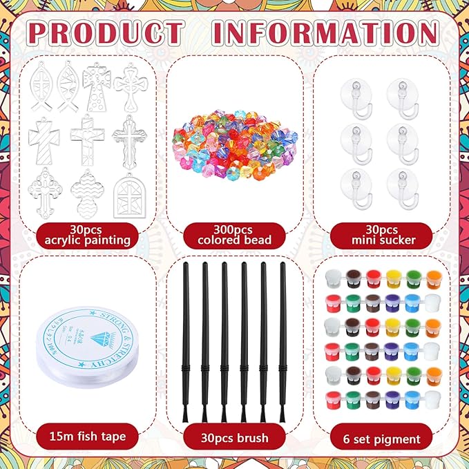 30 Sets Cross Suncatchers Window Art Kits, Sunday School Christian DIY Sun Catchers Bulk Religious Crafts Paint Your Own Cross Window Ornaments for Boys Girls Home Classroom Party Decor