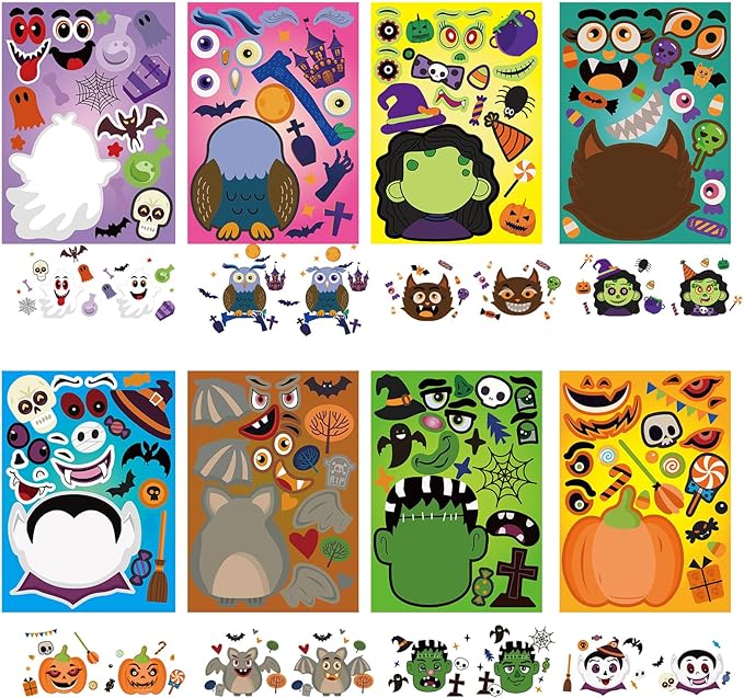 24 Sheets Halloween Party Games - Make Your Own Stickers, Kids Halloween Activities with Pumpkin, Mummy, Zombie, Werewolf, Vampire Themes
