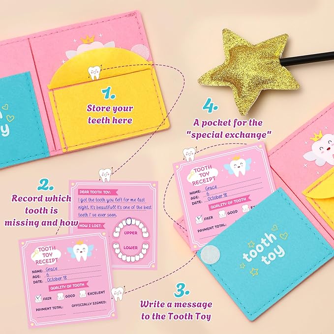 G.C Kids Tooth Pillow Toys Boys Girls Tooth Holder Teeth Fairy Stuffed Animal Plush Toy with Wings Pocket Tooth Notepad Felt Keepsake Wallet Pouch Gifts