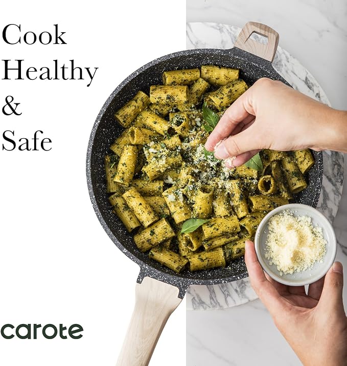 CAROTE 12.5 inch Nonstick Frying Pan, Black Granite Skillet | Kitchen Healthy Non Toxic Stone Cookware, Induction Compatible, Dishwasher & Oven Safe, PFOA Free