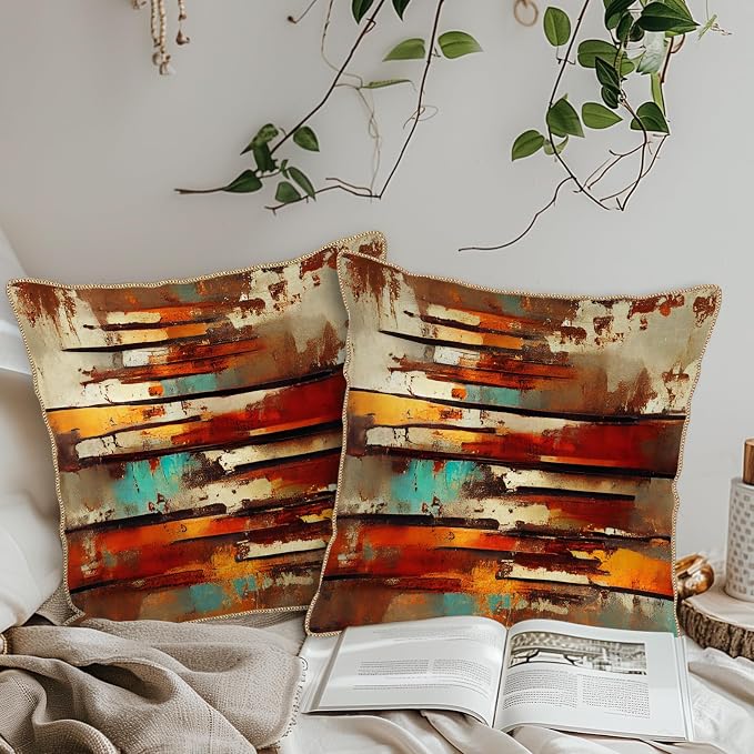Burnt Orange Teal Rust Soft Velvet Throw Pillow Covers Set of 2 Abstract Vintage Metalic Copper Pillow Covers 18x18 Inch Retro Colorful Pillow Case For Sofa Couch Living Room Farmhouse Home Decor