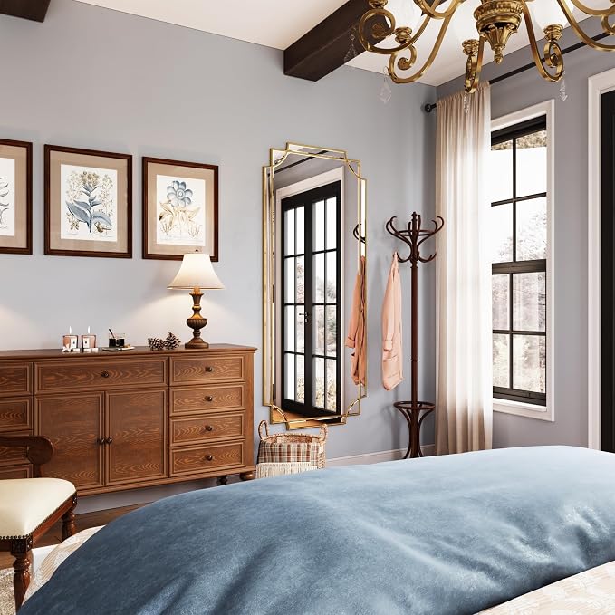 Kelly Miller 30"x70" Gold Foil Scalloped Edge Decorative Full Length Mirror | Hand-Applied Gold Foil Finish. HD Mirror With French Cleat. Elegant Beveled Wall Mirror Decor For Bathroom Bedroom Entryway.