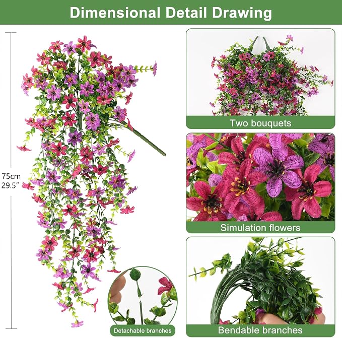 Artificial Fake Hanging Flowers Plants for Outdoor Spring Summer Decoration | 2 PCS Faux Silk Daisy with Eucalyptus Leaves,UV Resistant Look Real for Outside Home Planter Porch Patio Balcony Yard Decor
