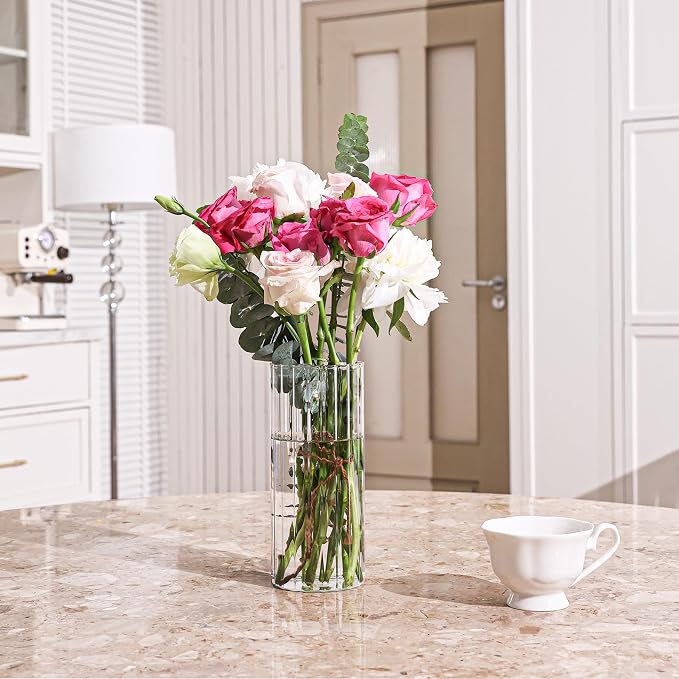 ComSaf Glass Cylinder Vase 8 Inch Tall, Clear Ribbed Decor for Centerpieces | Decorative Flower Vase, Hurricane Floating Candle Holder, Wedding Decor, Reception Table, Home Accent, Housewarming Gift