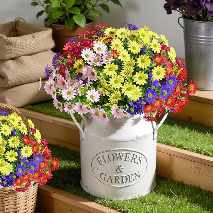 Alupssuc 20 Bundles Artificial Daisies Flowers Fake Silk Plant for Indoor Outdoor Decor, UV Resistant No Fade Faux Spring Flowers for Garden, Porch & Patio Decoration,Mixed 5 Colors