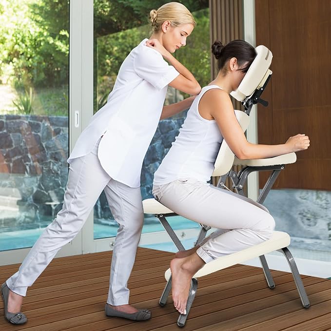 Portable Massage Chair for Tattoo and Spa Foldable Massage Therapy Chair with Adjustable Face Cradle High-Density Cushion Lightweight Design with Carrying Bag Ideal for Salon Use (Cream)