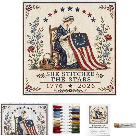 FRJINIE She Stitched The Stars Commemorative Cross Stitch Kit (Multi) | US 250th Anniversary Embroidery Kit, 1776-2026 Patriotic Cross Stitch Kits for Adults