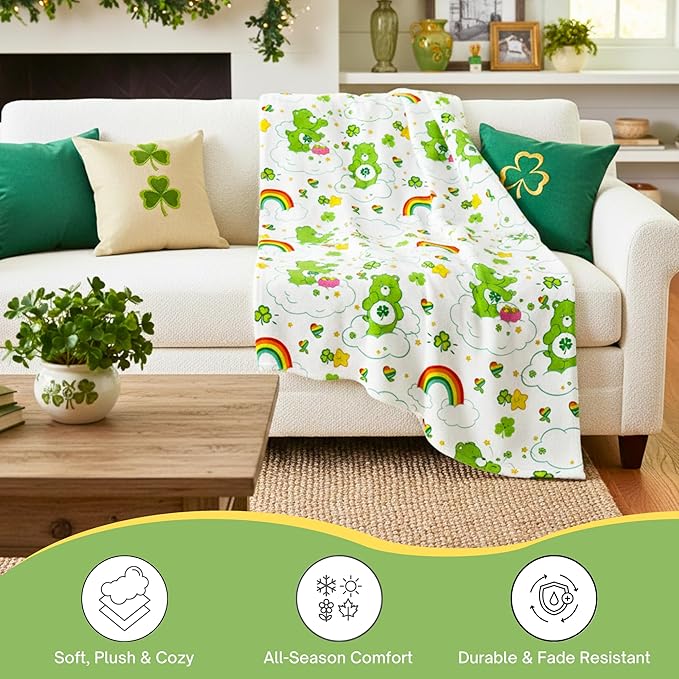 Care Bears Good Luck Bear St. Patrick's Day Cozy Throw 46 in x 60 in – Soft Cozy Plush for Couch, Bed & Travel, Nostalgic Collectible Gift (100% Officially Licensed Product) by Franco Collectibles®