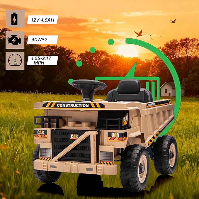 POSTACK 12V Ride On Construction Truck,Battery Powered Ride On Car with Remote Control, Kids Electric Vehicle with Shovel, Bluetooth, Music, Speaker, Boys Girls Gift, Khaki