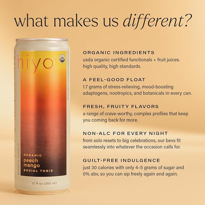 Hiyo Organic Social Tonic - Peach Mango, 12 Pack - N.A. Functional Seltzer, Sparkling Water Crafted with Organic Adaptogens, Nootropics & Botanicals