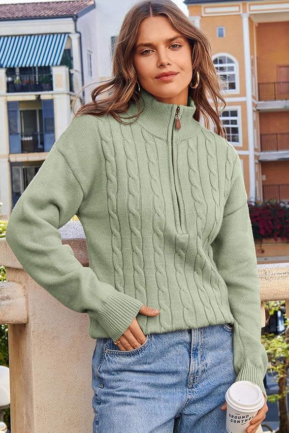 Dokotoo Women's Sweaters 2026 Fall Winter Quarter Zip Ribbed Cable Knit | Long Sleeve,Polo Neck,Lightweight Knit Pullover,Soft Comfy Tops,Casual Trendy Outfits,Fashion Clothing