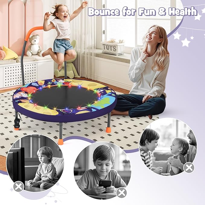GYMAX 36” Toddler Trampoline with Lights, Folding Springless ASTM Approved Small Kids Rebounder with Foam Handle, Safety Padded Cover & Foldable Legs, Mini Indoor Baby Trampolines