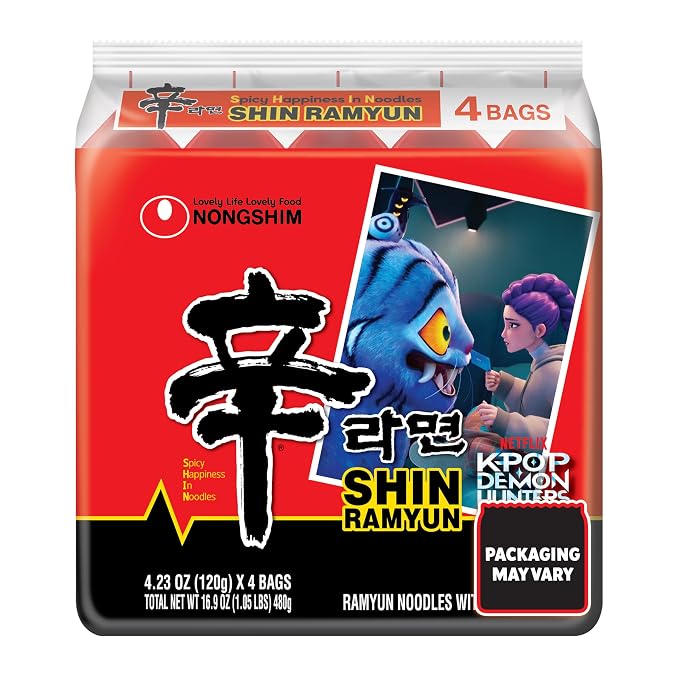 Nongshim Shin Ramyun Noodles, Spicy Korean Signature Instant Ramyun, Rich Beef Flavored Broth, Microwaveable, Korean Instant Noodles, 4.23 oz (Pack of 16), Packaging May Vary
