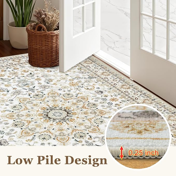 Round Area Rug for Living Room: 8 ft Washable Vintage Boho Soft Thin Circle Rug Indoor Floor No Slip Stain Resistant Carpet for Bedroom Dining Room Farmhouse Nursery Home Office - Beige
