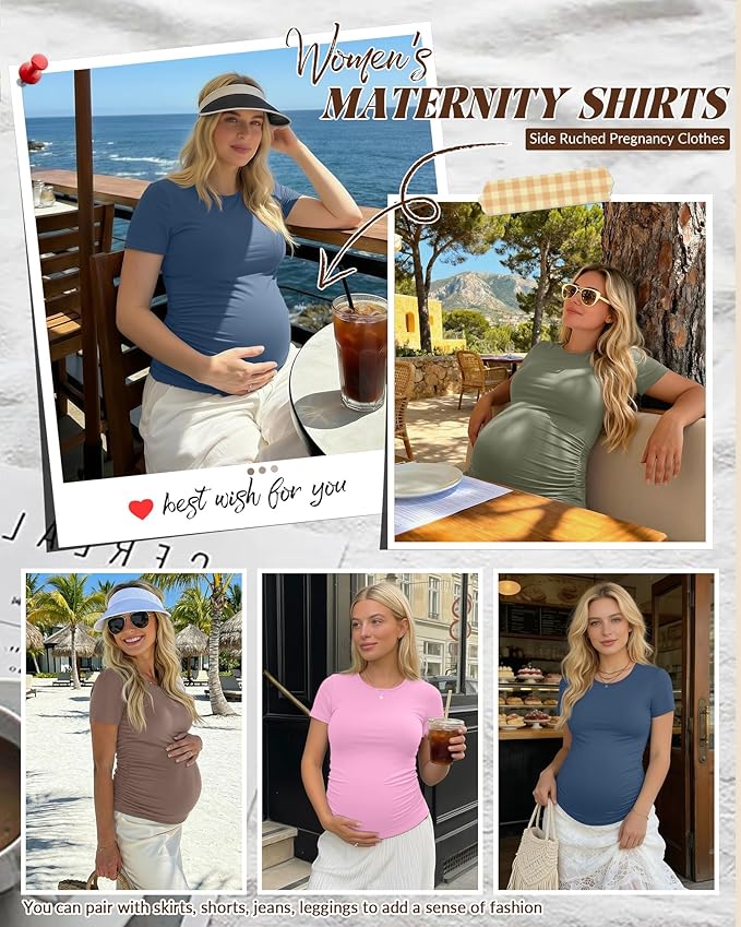 Huukeay 4 Pack Women's Maternity Shirts, Crew Neck Maternity Top Short Sleeve Casual Cotton Tee Side Ruched Pregnancy Clothes