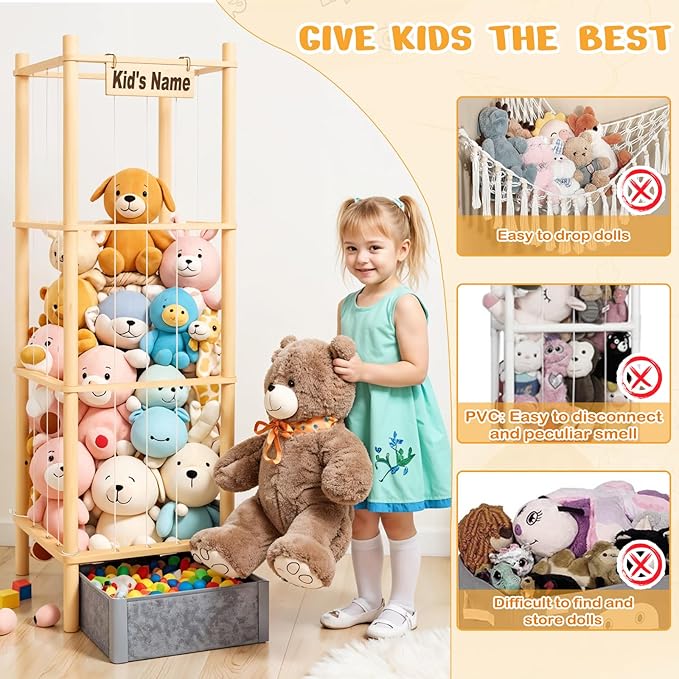 Stuffed Animal Storage with Tiny Toys Tray, 57In Large Wooden Stuffy Plushies Storage Holder Extra Large Capacity Stuffed Animals Zoo Organizer for Toddler Rooms, Playrooms & Bedrooms