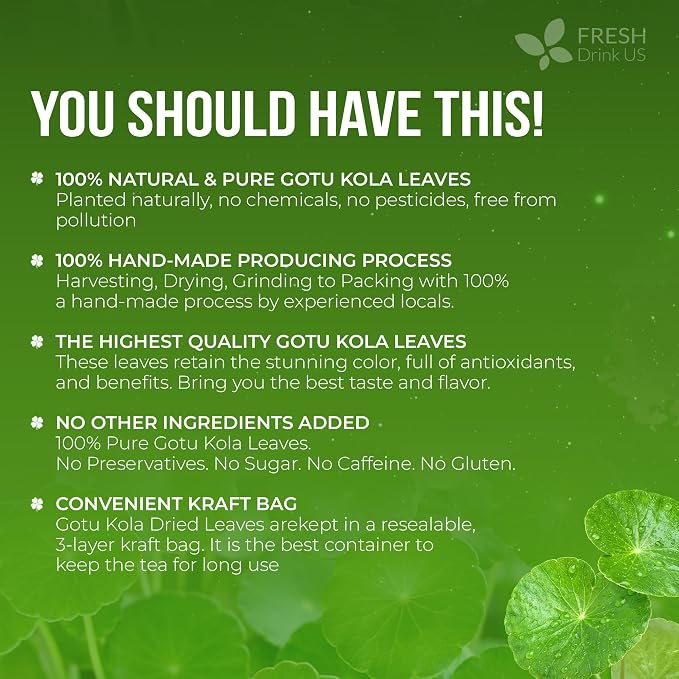 FreshDrinkUS, Premium Gotu Kola Leaves (Centella asiatica) | 8 oz Dried Loose Leaf | Naturally Mild & Earthy Herbal Tea – Premium Quality Leaves. Sugar-Free. Caffeine-Free. Vegan