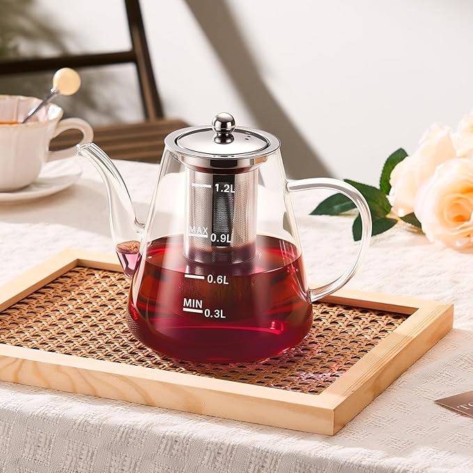 PARACITY Glass Teapot Stovetop, Borosilicate Clear Tea Kettle with Removable 18/8 Stainless Steel Infuser, Teapot Blooming and Loose Leaf Tea Maker Tea Brewer for Camping (transparent, 1200ml-scale)