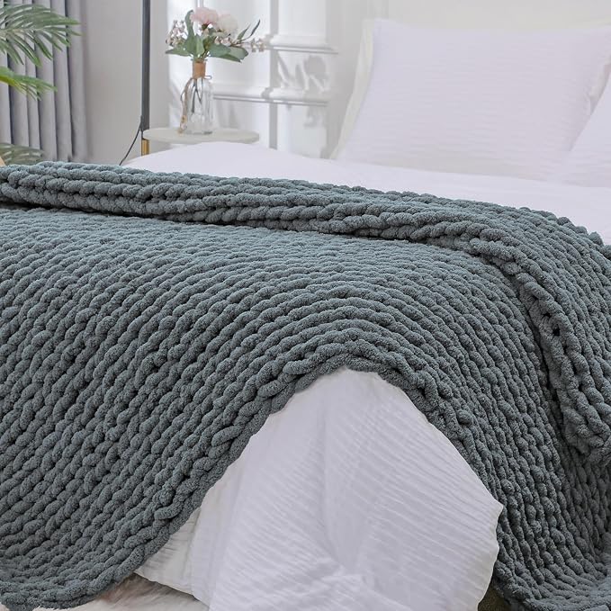 Bigacogo Chunky Knit Throw Blanket for Couch, 80x90 inches, Iron Gray | Hand Knit with Jumbo Chenille, Soft Breathable Cable Knit for Sofa Bed Living Room, Machine Washable, Gift for Mom Friend