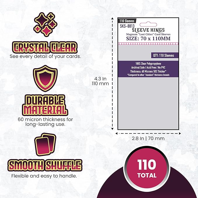 Sleeve Kings Standard Card Sleeves – 110 Count, Clear 60 Micron Thickness, Large Size (70 x 110 mm), Compatible with Scythe & More – SKU: SKS-8813