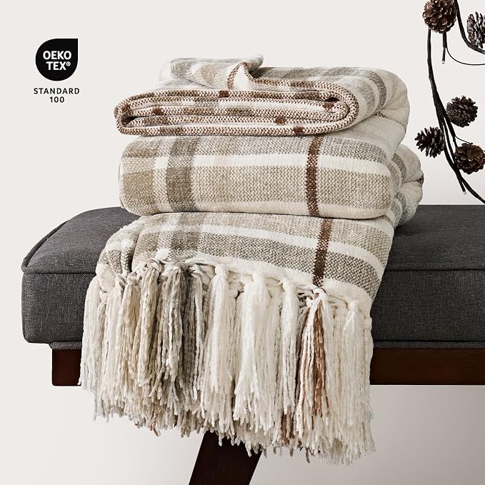 Plaid Chenille Queen Blanket for Bed, 90"x90", Beige | Super Soft Knit Throw with Tassels, Cozy, Decorative Farmhouse Plaid, Lightweight Blanket Queen Size for Couch Sofa Gift