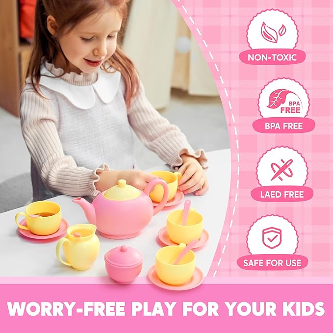 JOYIN 18PCS Pretend Role Play Tea Party Set, Pink Plastic Tea Set, Mini Kitchen for Kids, Gifts for Toddler Boys Girls, Gift for Christmas