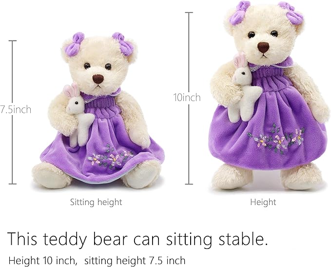 Oitscute Small Baby Teddy Bear with Cloth Cute Stuffed Animal Soft Plush Toy 10" (Purple Dress with Rabbit)