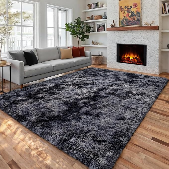 PAGISOFE Abstract Shaggy Area Rug 6x9 Feet,Plush Fluffy Rugs for Living Room,Tie-Dyed Grey Soft Rug for Bedroom,Furry Rugs for Girls Boys Kids Room,Extra Large Fuzzy Rug, Shag Carpets for Room Decor