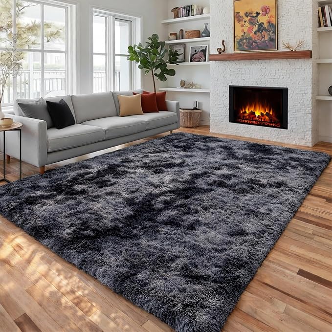 PAGISOFE Abstract Shaggy Area Rug 4' x 6' Plush Furry Rugs for Living Room, Tie-Dyed Dark Grey Soft Fluffy Rugs for Bedroom Grils Boys, Fuzzy Rug for Nursery, Dorm. Shag Carpet for Kids Room Decor