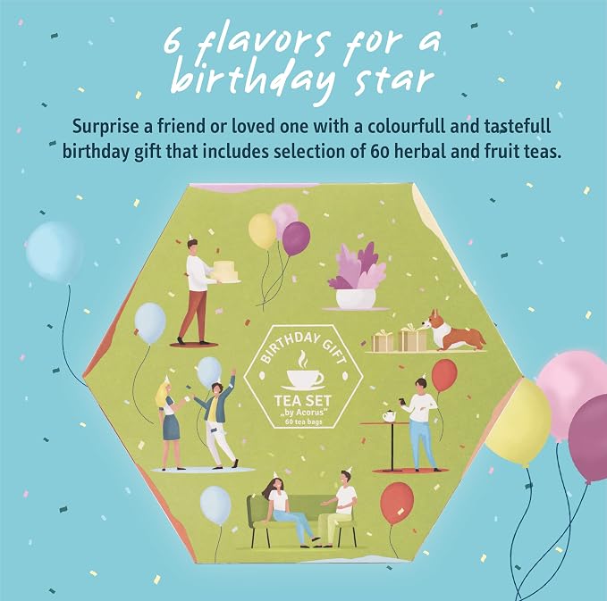 ACORUS | Birthday Gift Tea Set | Natural Tea Hamper Box Gift Set of 6 Flavors | Thoughtful Present for Birthday | Large Selection Box | Tea Gift Sets | 60 Herbal and Fruit Tea Bags Variety Pack