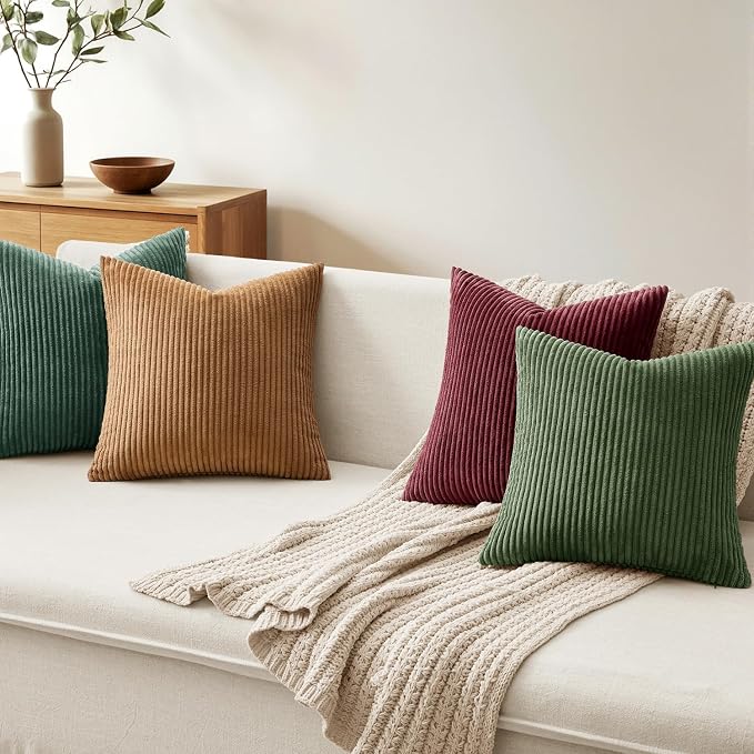 MIULEE Soft Corduroy Decorative Throw Pillow Covers Christmas Green 18x18 | Set of 4, Mordern Nordic Christmas Decor, Green Red Accent Set, Boho Farmhouse Cushion Covers for Couch Bed Sofa Living Room